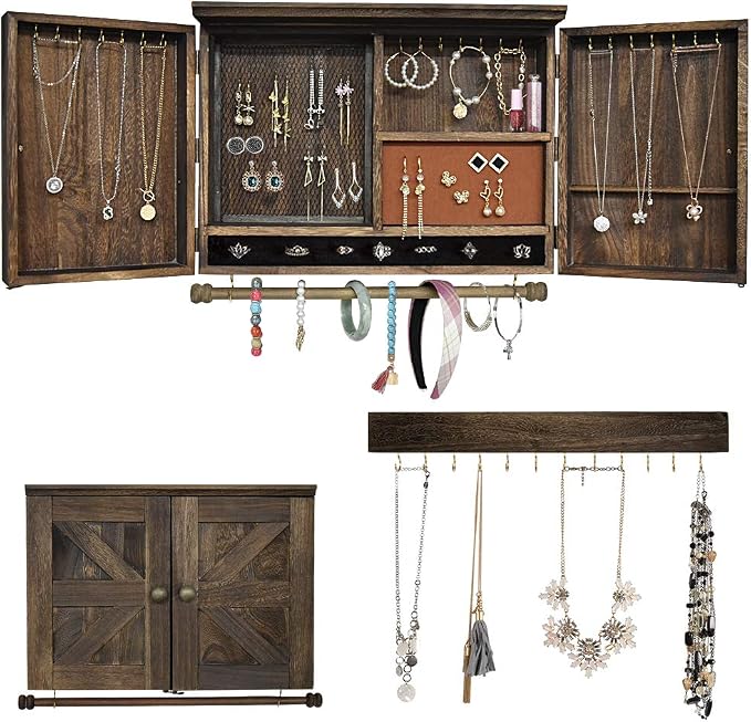 Rustic Wall Mounted Jewelry Organizer,Vintage Wooden Hanging Jewelry Holder Box with Barndoor Decor for Necklaces, Earings, Bracelets, Rings, Accessories. Includes Hook Organizer by MULIFEE