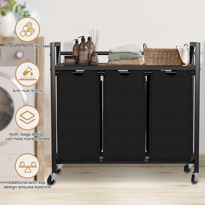 SwaaVee Laundry Hamper, Laundry Basket, Laundry Sorter with 3 Removable Bags, Clothes Basket with 3 Compartments, Wheels, Shelf for Laundry Room Bathroom Bedroom (3 Bags-Black) - Image 7