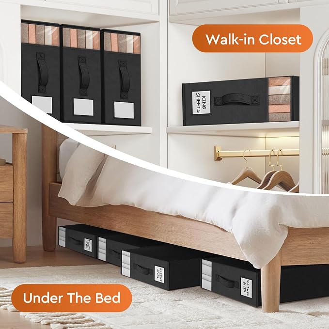 StorageTastic 6 Pack Bed Sheet Closet Organizers and Storage,Sturdy Foldable Storage Containers with Window and Label,Storage and Organization for Bedding Sheets,Duvet Covers,Blankets (Black) - Image 6
