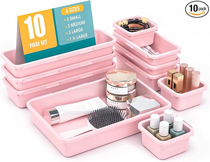 10 PCS Drawer Organizer Set, 4 Size Makeup Drawer Divider Organizer With Non-Slip Pads, Interlocking Plastic Storage Bins for Office,Jewelry Vanity,Gadgets, Bathroom,Kitchen, Pink by StoreHappily