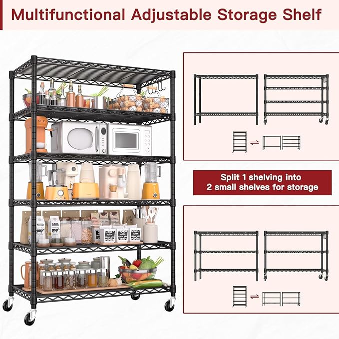 PrimeZone 6 Tier Wire Shelving with Wheels 79''H 1500lbs Storage Shelves NSF Certified Heavy Duty Steel Metal Shelf Adjustable Rolling Rack Kitchen Garage Closet Pantry Laundry 79''HX36''WX16''D 2Pcs - Image 5