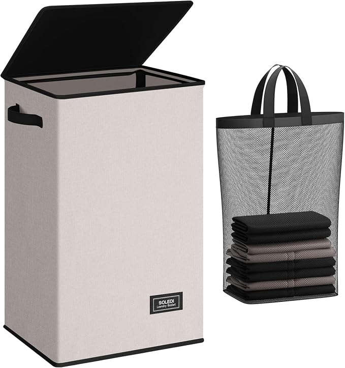 SOLEDI Laundry Hamper with Lid 90L Large & Tall Collapsible Laundry Basket, Clothes Hamper with Bag Removable Easy to Carry, Dirty Hampers for Bedroom, Bathroom, Dorm, College, Light taupe by SOLEDI