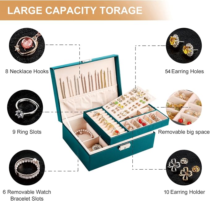 Jewelry Organizer Box Leather Jewelry Box for Girls Womens Earring Organizer with Lock Double Layers Jewelry Case Removable Tray for Necklace Earring Ring with Polishing Cloth and Jewelry Bags - Image 5
