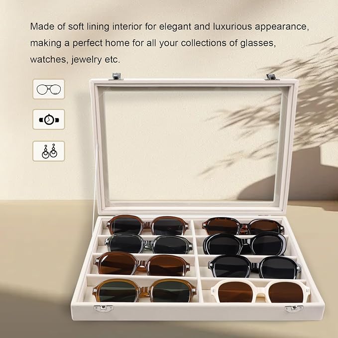 Stratalife Sunglasses Organizer Sunglass Display Tray Jewelry Tray with Lid Sunglasses Storage Case Drawer Watch Box for Men and Women Beige (8 Grids) - Image 3