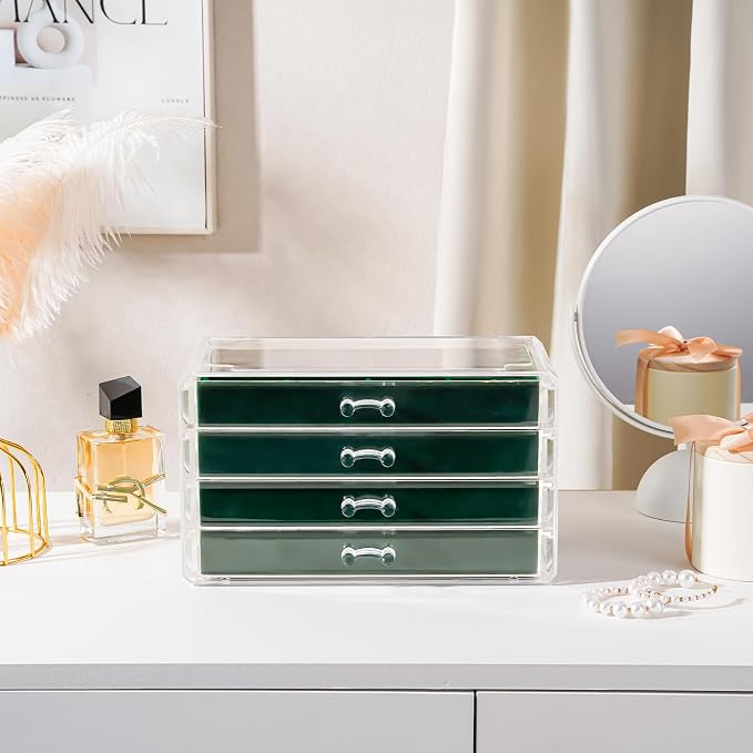 Lolalet Earring Holder Organizer Box Jewelry Storage with 4 Drawers, Clear Acrylic Stackable Earring Case with Adjustable Velvet Trays for Women on Dresser Vanity -Emerald, 4 Layers - Image 5