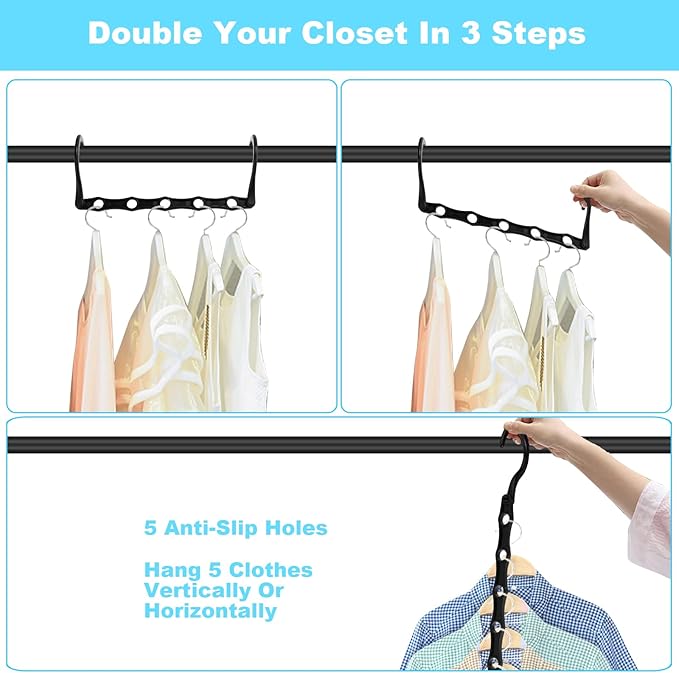DUCOO Space Saving Hangers 10 Pack, Heavy Duty Magic Cascading Hanger Organizer with 5 Enclosed Anti-Slip Holes, Closet Organizers and Storage for Clothes, College Dorm Room Essentials, Black - Image 4