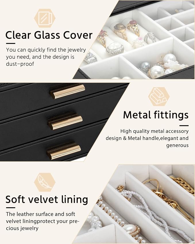 AKOZLIN Jewelry Box with Clear Lid Functional Leather Jewelry Storage Organizer Case 3 Drawers for Women Girls Necklace Ring Bracelet Earring - Image 5