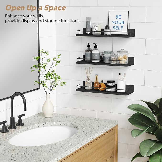 Forbena Black Floating Shelves for Wall, Bahtroom Wall Shelves Over Toilet, Rustic Hanging Shelf with Lip Rail for Bedroom Kitchen Office Living Room Picture Photo Decor, 17 Inch Long-Set of 3 - Image 5