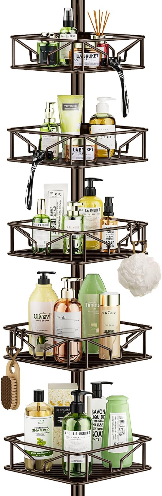 Skycarper 5 Tier Adjustable Corner Shower Caddy Organizer with Hooks,Rustproof Tension Pole 62-116 Inch,Bronze by Skycarper