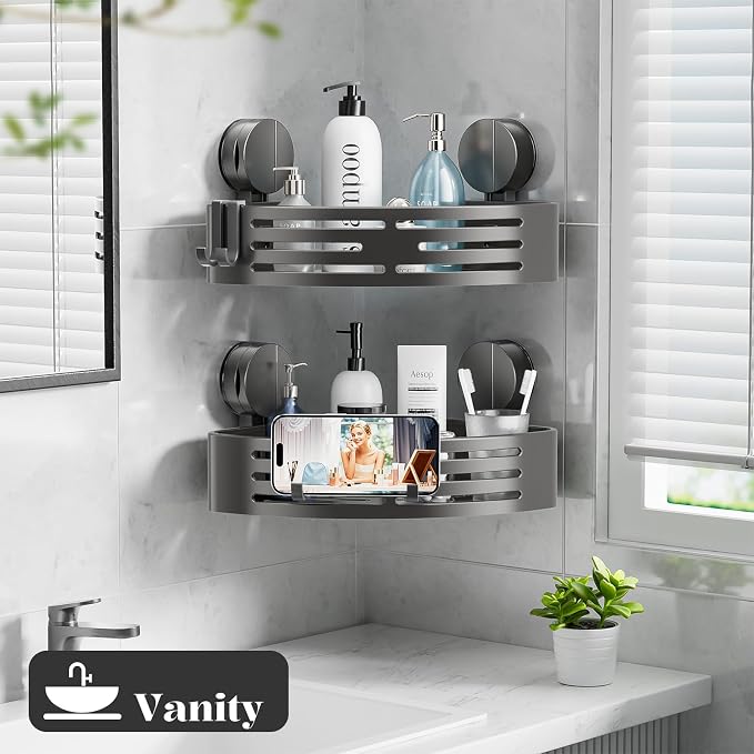 ONXE Suction Cup Shower Caddy,No Drilling Corner Shower Shelves Heavy Duty,Shower Organizer with Hooks,Rustproof Waterproof Space Aluminum Bathroom Storage,Home Accessories Decor - Image 6