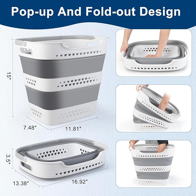 Collapsible Laundry Basket Foldable Pop-Up Laundry Hamper with Comfort Handles Portable Plastic Laundry Storage Basket Organizer Space Saving Dirty Clothes Hamper Container for Home, Dorm (Grey) - Image 3