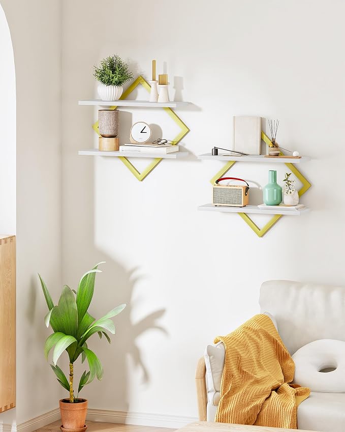 CHOEZON Floating Shelves for Wall, Set of 2 Wall Mounted Shelves, 2-Tier Hanging Shelves, for Living Room, Bedroom, Kitchen, Office, Study, Gold and White TBJ01P2JW - Image 2