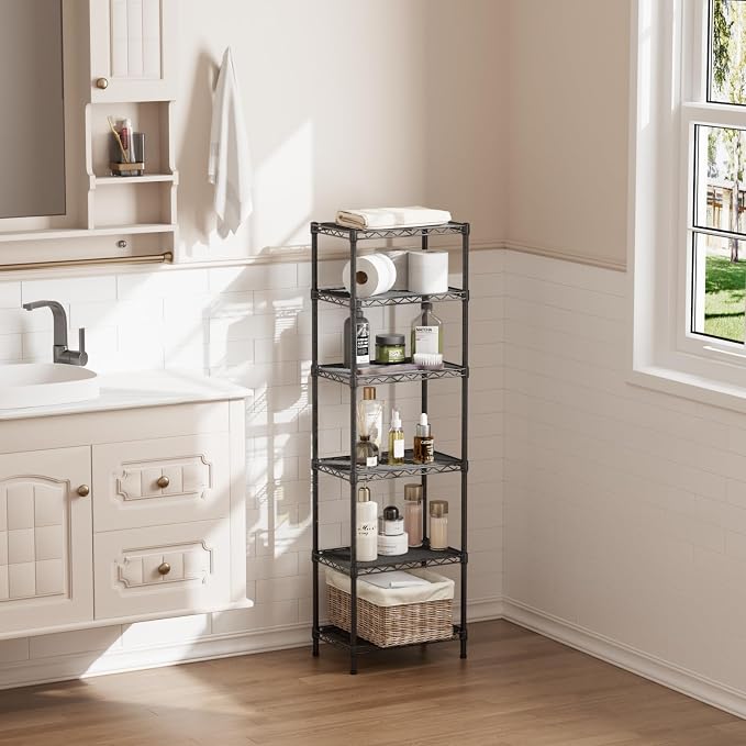 SINGAYE 6 Shelves Bathroom Organizers and Storage Shelf Wire Closet Metal Pantry Kitchen Small Garage Shelving Unit Laundry Room Organization Home Tall Rack Balck 10" D x 16" W x 60”H - Image 9