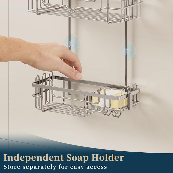 Consumest Over the Door Shower Caddy - 2-Tier Hanging Shower Organizer with Soap Holder, Rustproof Bathroom Storage and Organizer Rack for Shampoo, Towels, and Toiletries, Sand Nickel - Image 6