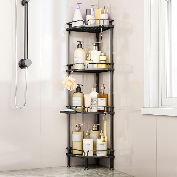 Consumest Corner Shower Caddy Stand - 4 Tier Shower Organizer with Soap Holder, Tall Floor Corner Shelf Standing with Adjustable Feet & 4 Hooks, Storage Rack for Bathroom Black by Consumest