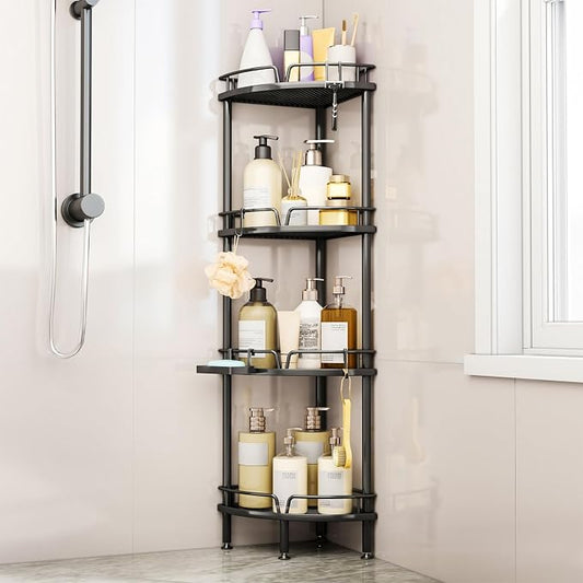 Consumest Corner Shower Caddy Stand - 4 Tier Shower Organizer with Soap Holder, Tall Floor Corner Shelf Standing with Adjustable Feet & 4 Hooks, Storage Rack for Bathroom Black by Consumest