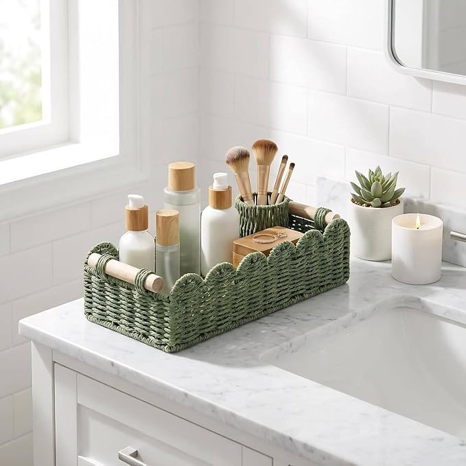 CubesLand Toilet Paper Storage Basket Scalloped Edge Home Decor Green Basket, Living Room Cozy Decor, Paper Rope Small Baskets for Over Toilet Storage Shelf, End Table, Shelves, with 2 Wooden Handles - Image 2