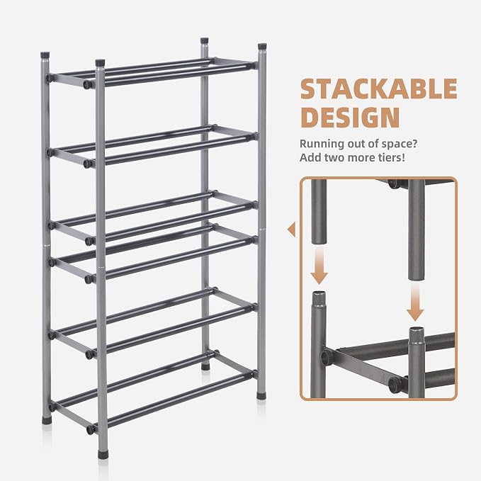 STORAGE MANIAC Expandable Shoe Rack, 12 Pairs Stackable Small Shoe Rack, Metal Adjustable Shoes Organizer for Closet, Entryway, Hallway, Garage, Front Door, Shoes Shelves, Black 3 Tier - Image 5