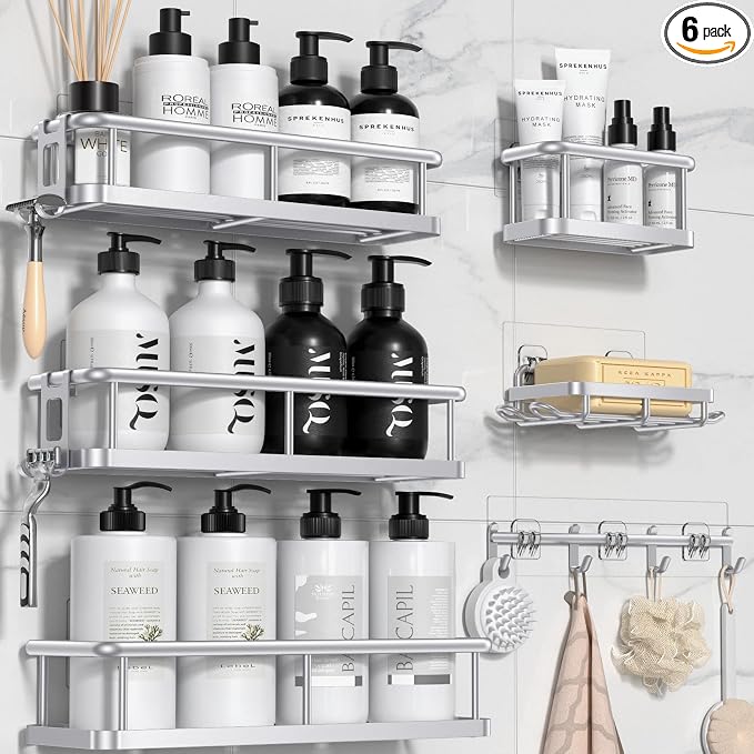 YASONIC Shower Caddy, 6 Pack Large Capacity Bath Organizer with Soap Holder and 12 Hooks, Rustproof bathroom Shelves for Inside Shower, No Drilling&Sleek Bathroom Organizers and Storage Silver by YASONIC