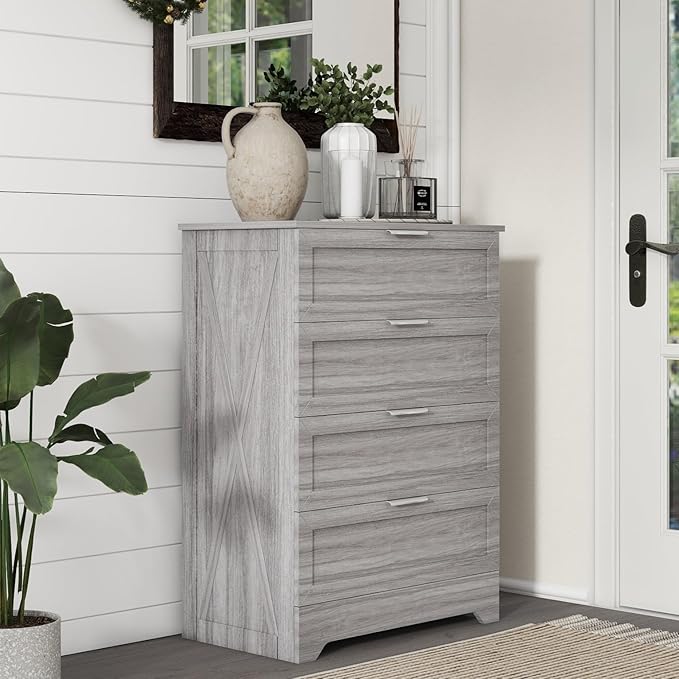 FTZxHKLX Farmhouse 4 Drawer Dresser for Bedroom, Tall Bedroom Dresser with Large Drawer & Silver Handles, Wooden Storage Organizer Cabinet Chest of Drawer for Closet, Living Room, Hallway, Wash Grey