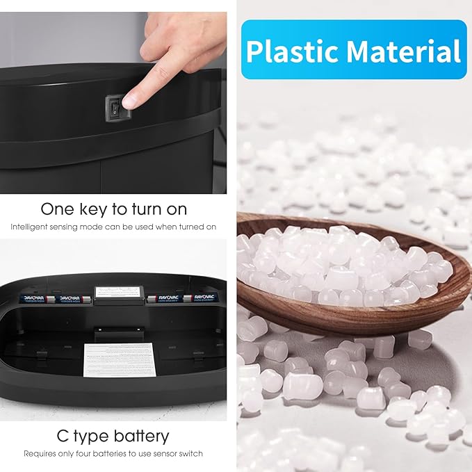 BestOffice Black Plastic Touch Free High-Capacity Garbage Can with Lid, 49L/13G, Rectangular, Quiet Close, Kitchen, Bedroom, Bathroom, Office - Image 5