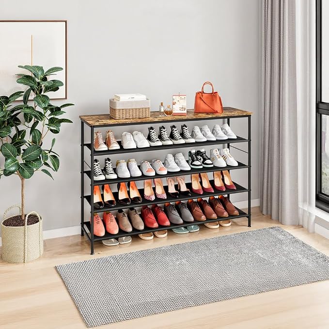 INGIORDAR Shoe Rack Organizer 5 Tier Metal Organizer Shelf with Industrial MDF Board and Layer Fabric for Entryway Closet Bedroom Living Room Garage (Black+Rustic Brown, 5 Tier(47.2" W)) - Image 5