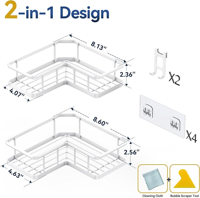 YASONIC Shower Caddy Corner, 2-Pack Adhesive Rustproof Stainless Steel Shower Shelves with Soap Holder, No Drilling Shower Organizer Corner for Dorm, Renters Bathroom White - Image 2