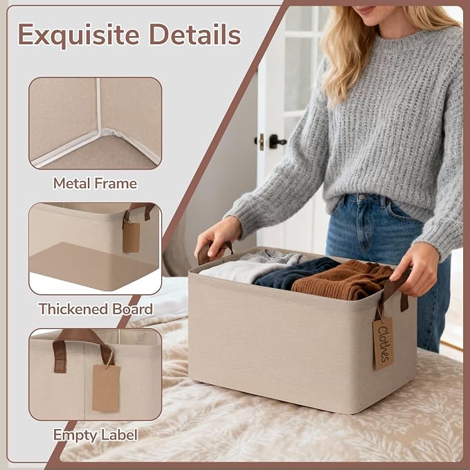 CHICVITA 4 Pack Storage Baskets for Shelves, Foldable Closet Organizer Bins with Handles, Toy Storage Basket for Nursery Living Room, 14.8" x 10.3" x 8.3", Brown - Image 5