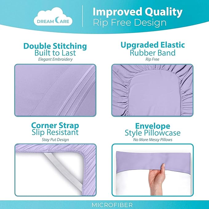 DREAMCARE Full Size Sheets - 6 pcs Breathable Cooling Bed Sheets - up to 15" Deep Pocket Full Size Bed Sheets wth Side Pockets - Extra Soft 100% Brushed Hypoallergenic Hotel Luxury Bedding - Lavender