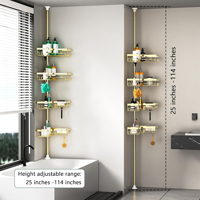 DAOYA Shower Caddy Tension Pole - Gold Corner Shower Caddy Stainless Steel Bathroom Shower Organizer for Tub Tension Rod Corner Shower Shelves(22-114.2inch) - Image 6