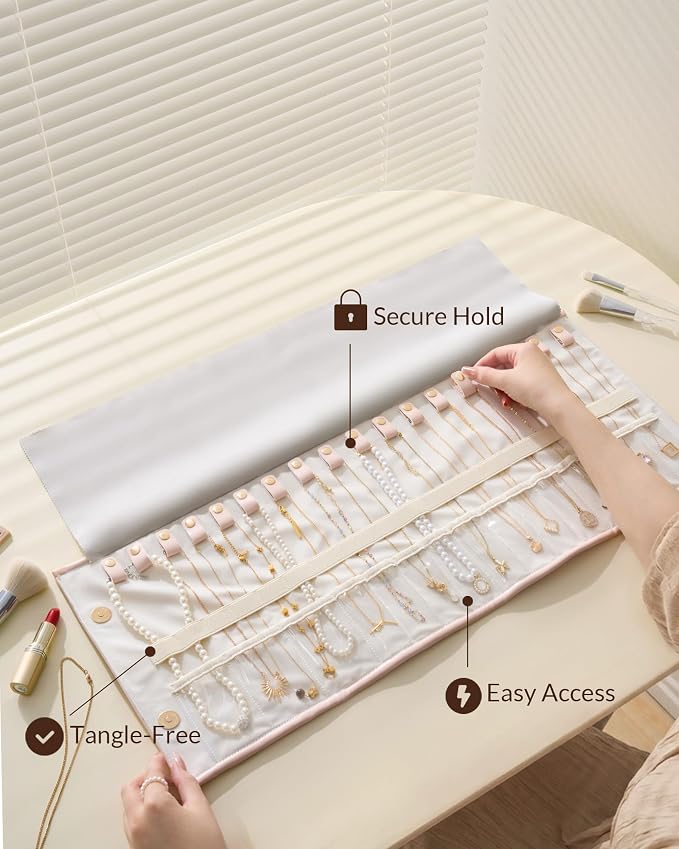 Lolalet Travel Necklace Organizer, Tangle-Free Necklace Case for Travel, Leather Foldable Roll Up Jewelry Storage Bag for Necklaces Chains Bracelets, Mothers Day Gift - Image 4