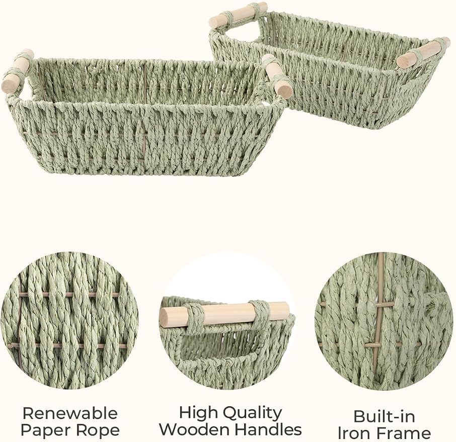 StorageWorks Round Paper Rope Woven Basket with Wooden Handles for Gifts, Small Woven Baskets for Shelf, Bosana Green, 2-Pack - Image 3
