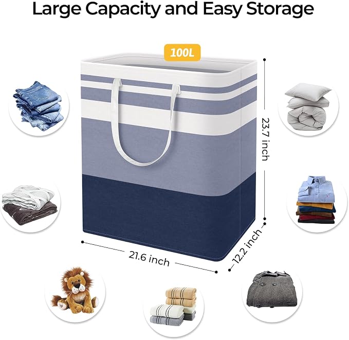 HomeHacks 2-Pack Large Laundry Basket, Waterproof, Freestanding Laundry Hamper, Collapsible Tall Clothes Hamper with Extended Handles for Clothes Toys in the Dorm and Family (Blue, 100L) - Image 4