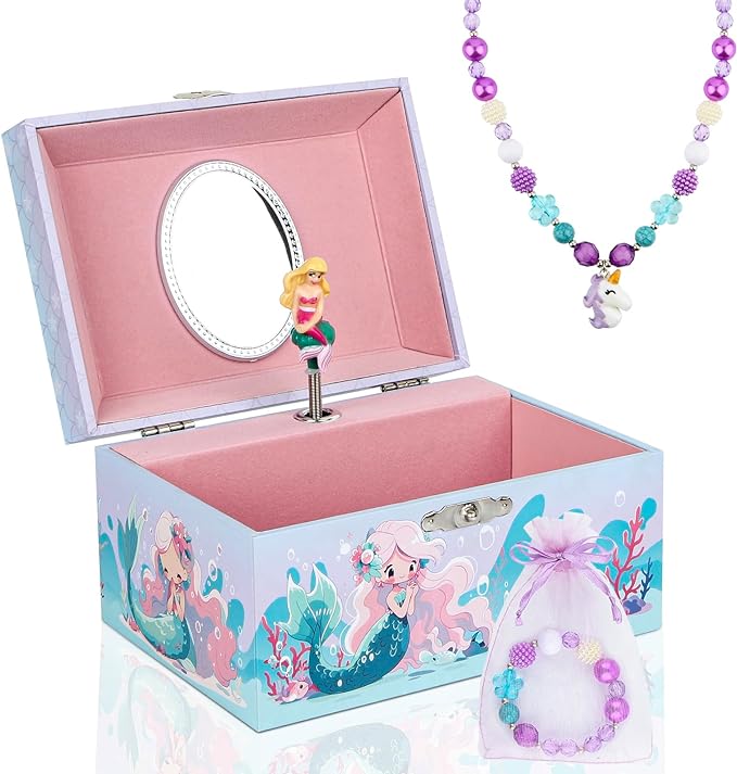 Girls' Musical Jewelry Box Organizer with Jewelry Set - blue ocean mermaid Theme, OVER THE WAVES Tune - Jewelry Storage and jewelry box for girls by Taduoduo