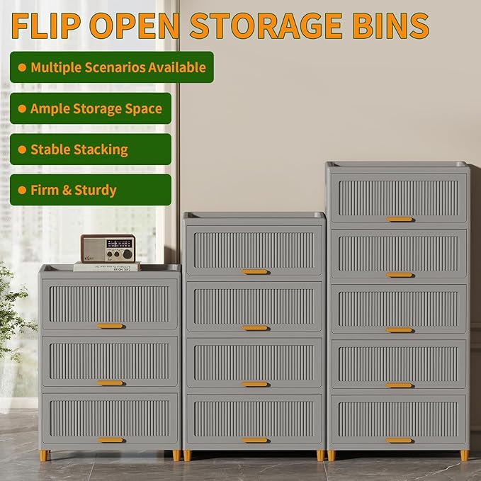 4 Tier Large Storage Bins with 1 Lid, 204QT Closet Organizers and Storage, Drawers Flip Open Plastic Containers for Living Room, Office, Dorm (4 Tiers)