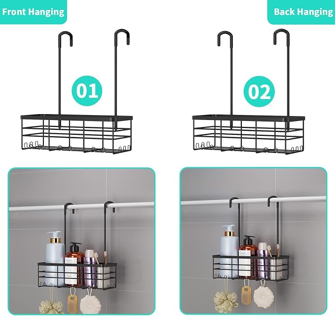 HapiRm Hanging Shower Caddy Organizer - No Drilling Shower Organizer with Hooks, Rustproof & Waterproof 304 Stainless Steel Bathroom Shelves - Black (1 Basket) - Image 4
