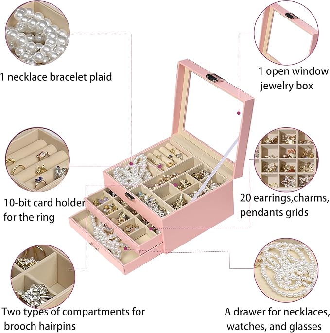 BOOVO Clear Lid Jewelry Box,3 Layers Jewelry Organizer Large Multi-Functional Jewelry Storage Box with 2 Drawers,Jewelry Display Case of Rings Earrings Necklace Bracelets for Women Girls (Pink) - Image 3