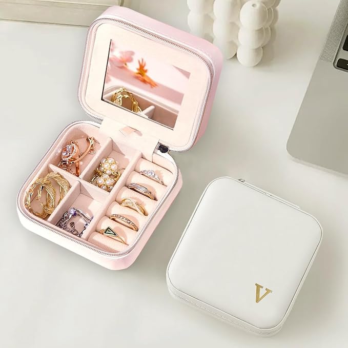 COLLECTIVE HOME - Travel Jewelry Case, Elegant Square Design with Gold Engraved Monogram, Built-in Mirror, Personalized Accessory Organizer for Rings, Necklaces, Gift for Women and Teens (v) - Image 2
