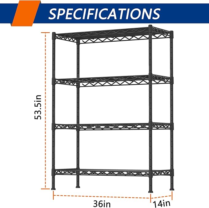 4-Shelf Adjustable Heavy Duty Storage Shelving Unit, Metal Organizer Wire Rack for Laundry Bathroom Kitchen Pantry Closet, Black - Image 3