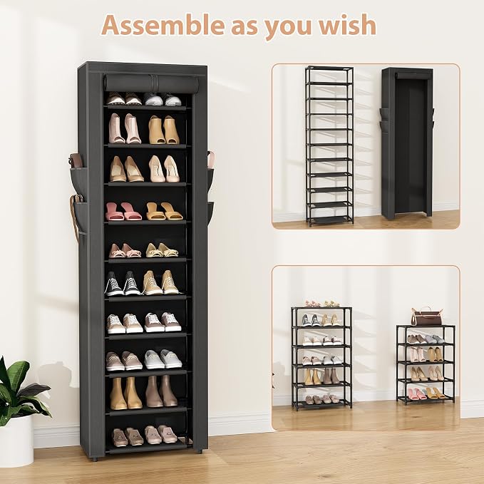 VTRIN Vertical Narrow Shoe Rack Organizer 10 Tier Tall Shoe Shelf Holds 20-22 Pairs with Non-Woven Dustproof Cover for Closet, Entryway Black - Image 5