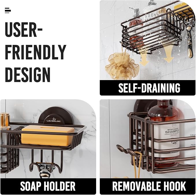 LEVERLOC Shower Caddy Suction Cup, 2 Pack Shelves for Inside with Hooks and Soap Organizer, NO-Drilling Bathroom Holder, Rustproof Meatl Bathroom Basket, Brown - Image 5