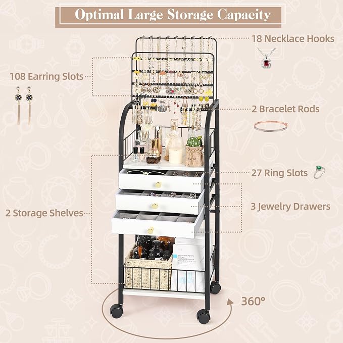 Keebofly Large Jewelry Organizer Stand with 3 Drawers, Floor Display Holder with Necklace, Earring, Bracelet, Ring Storage — Rolling Armoire Tower for Bedroom or Closet (Black) - Image 6