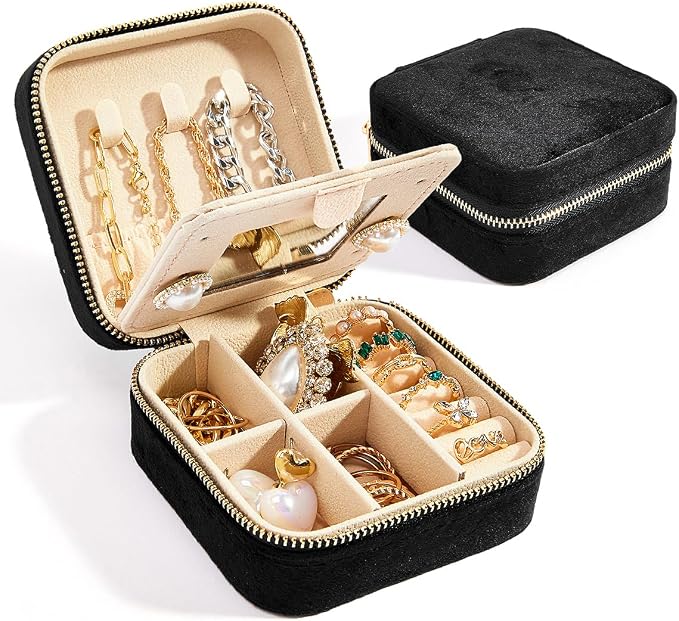 Travel Velvet Jewelry Box with Mirror, Mini Gifts Case for Women Girls, Small Portable Organizer Boxes for Rings Earrings Necklaces Bracelets (Black) - Image 4