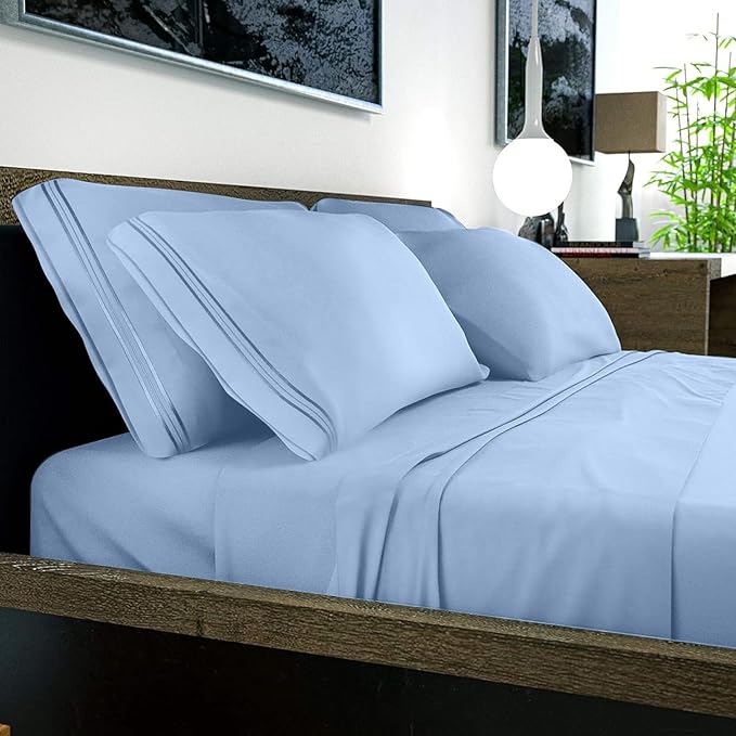 DREAMCARE Queen Sheet Set - 6 pcs Breathable Cooling Bed Sheets - up to 21" Extra Deep Pocket Queen Sheets Set with Side Pockets - Extra Soft 100% Brushed Hypoallergenic Hotel Luxury Bedding - L Blue