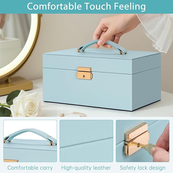 AKOZLIN Travel Jewelry Box Organizer Functional 2-trays Leather Jewelry Storage Case with Lockable Portable for Women Girls Ring Necklace Earring Bracelet - Image 6