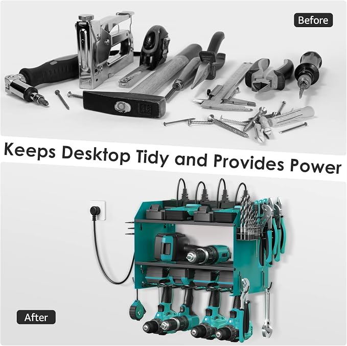 CCCEI Modular Power Tool Organizer Wall Mount with Charging Station. Garage Drill Storage Shelf with Hooks, Heavy Duty Rack, Tool Battery Holder Built in 8 Outlet. Gift for Men. Navy Blue, 2 Pack. - Image 4