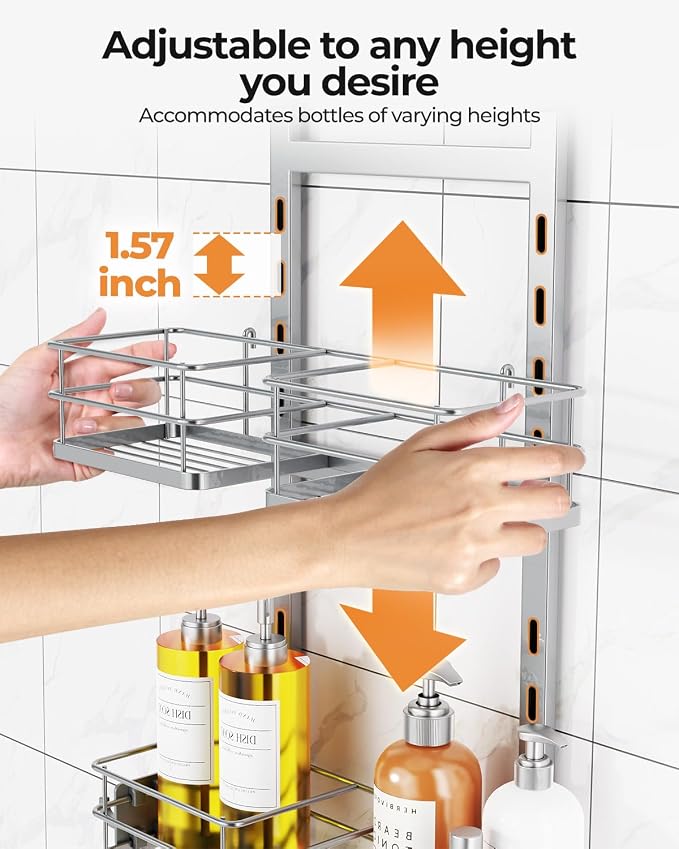 ODesign 2 Tier Height-Adjustable Shower Caddy Hanging Anti-Swing-Over The Shower Head Caddy-Storage Organizer Bathroom Shelves Basket-Silver - Image 7