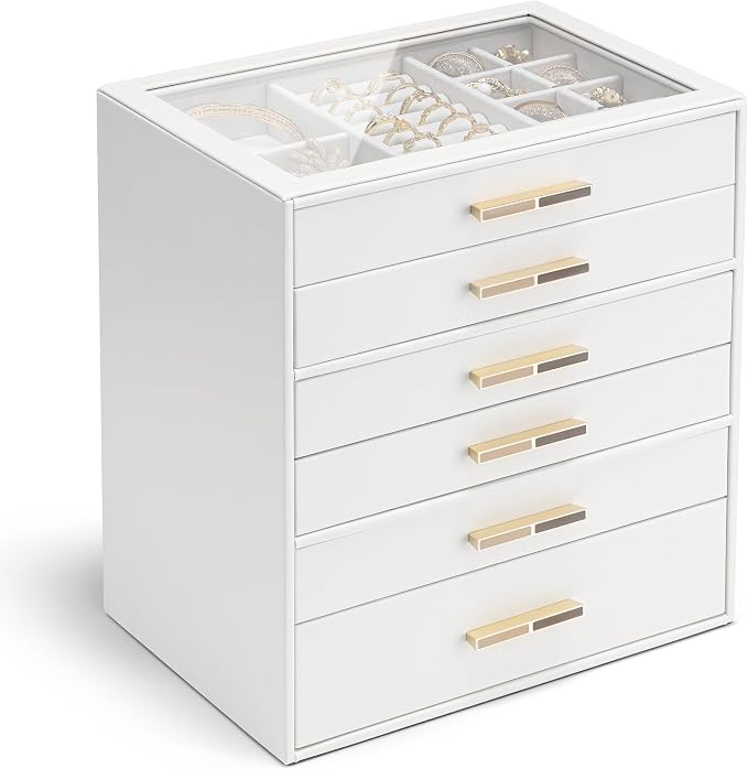 VLANDO 6 Layer Jewelry Box for Women, Glass Lid Jewelry Organizer with 6 Drawers for Necklaces Rings Earrings Bracelets - White by VLANDO