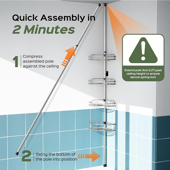 HAMITOR Shower Caddy Tension Pole: 4-Tier Rustproof Bathroom Corner Shelf Organizer for Renter - No Drill Large Shampoo Storage Rack - Adjustable 47-121" - Space Saving Bathtub Accessory - Silver Gray - Image 6