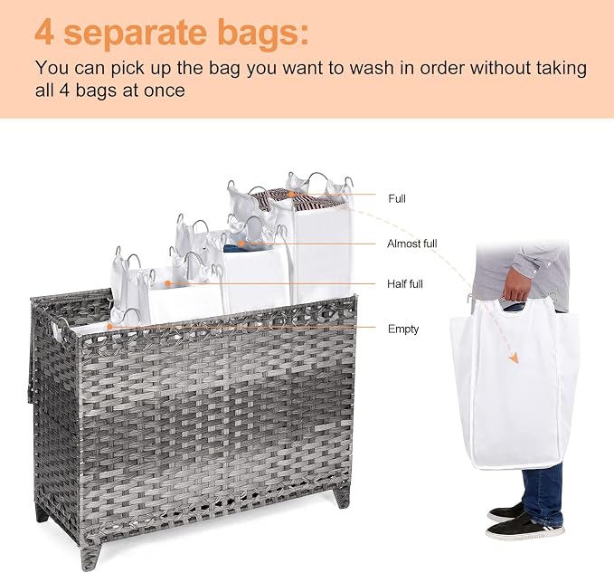 Laundry Hamper with 4 Removable Liner Bags; 176L Handwoven Rattan Laundry Basket with Lid & Heightened Feet; Clothes Hamper with Side Handles - Image 3